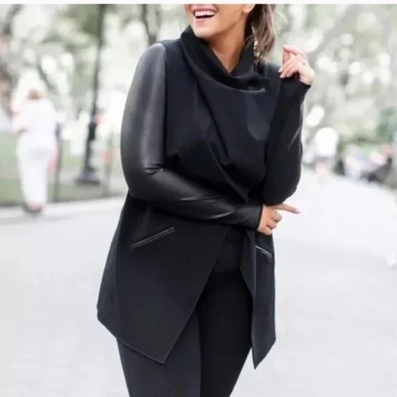 SPANX Front Drape Ponte Faux Leather Womens Jacket XS Black Stretch Draped - Picture 3 of 15